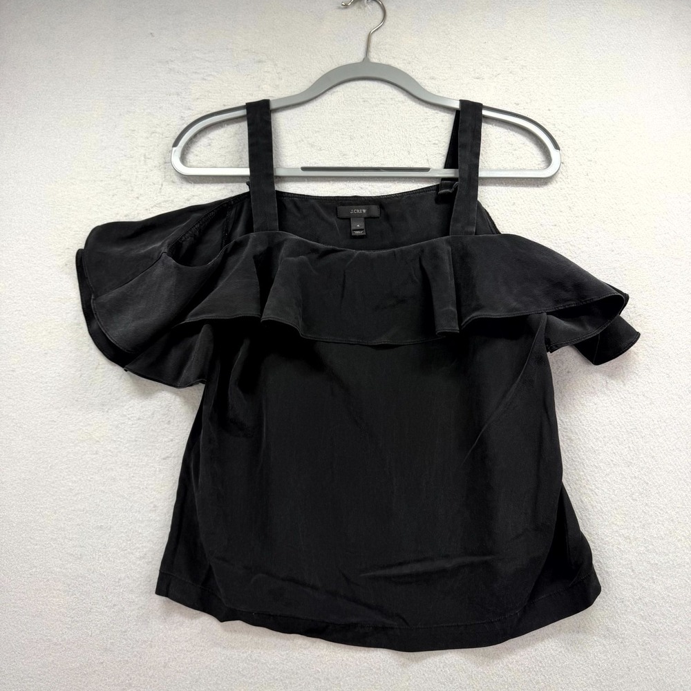 J. Crew Blouse Top Womens Size 4 Black Silk Ruffle Cold Shoulder Sleeve Pullover